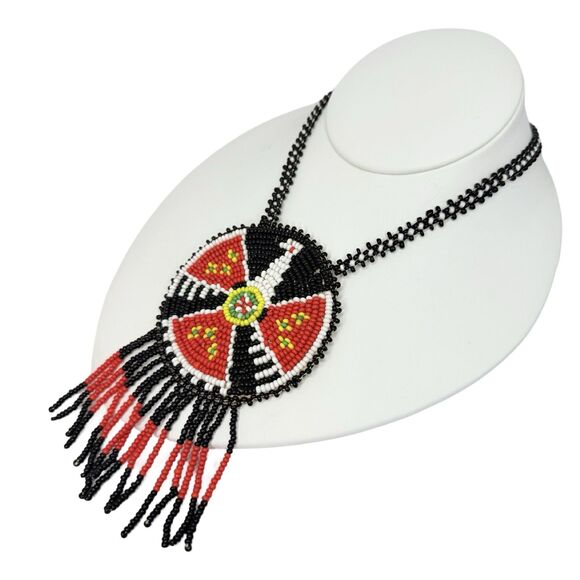 VTG Black Thunderbird Native American Medallion Necklace Seed Bead Leather Back - Picture 3 of 10